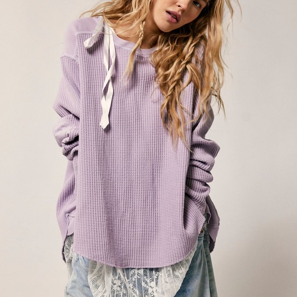 Free People FP One Blake Thermal Purple Oversized Bohemian Boho Layering  Large - Picture 3 of 13